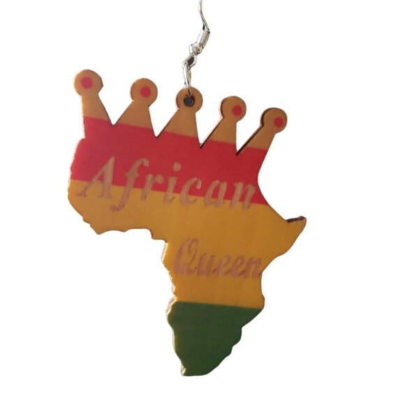 Womens Africa Crown Queen African American Wooden Retro French Hook Earrings - Picture 4 of 4
